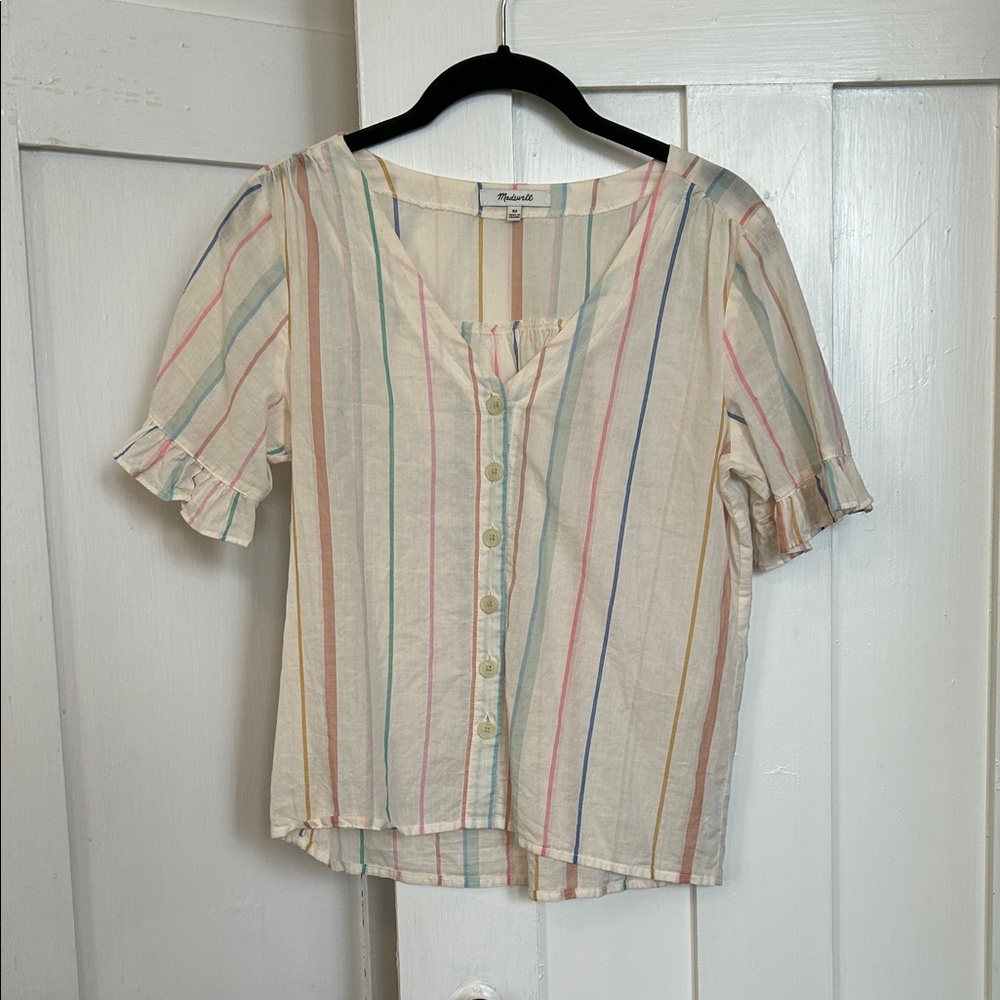 Madewell Village Ruffle-Sleeve Shirt in Rainbow Stripe XS